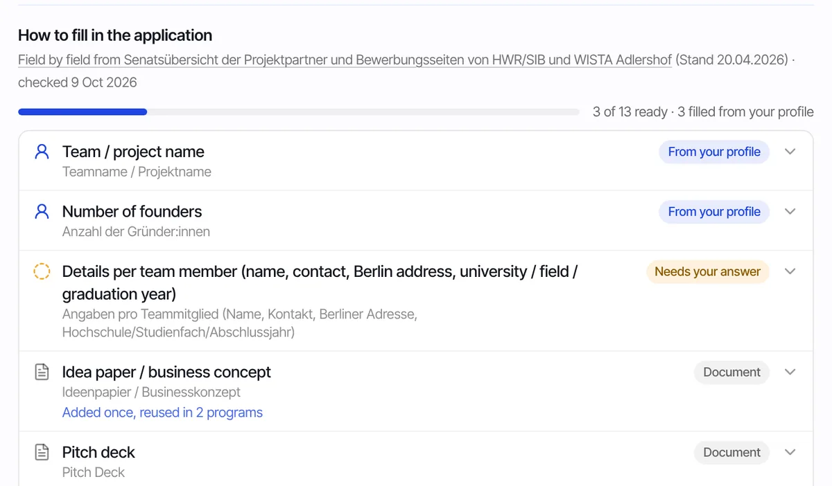 Application fields with the ones filled from the profile marked