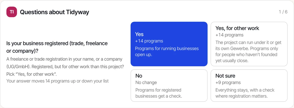 A question with answer buttons that show how many programs each answer adds