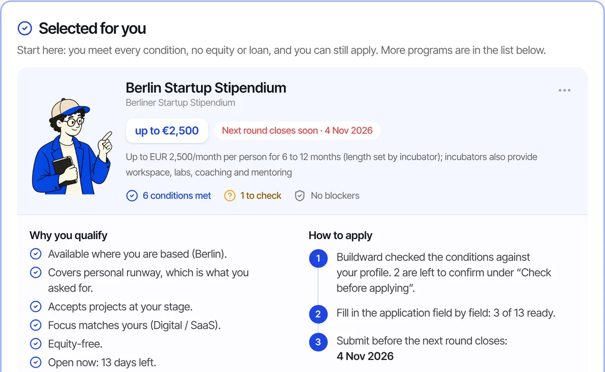 Selected for you: Berlin Startup Stipendium with the conditions met and the steps to apply